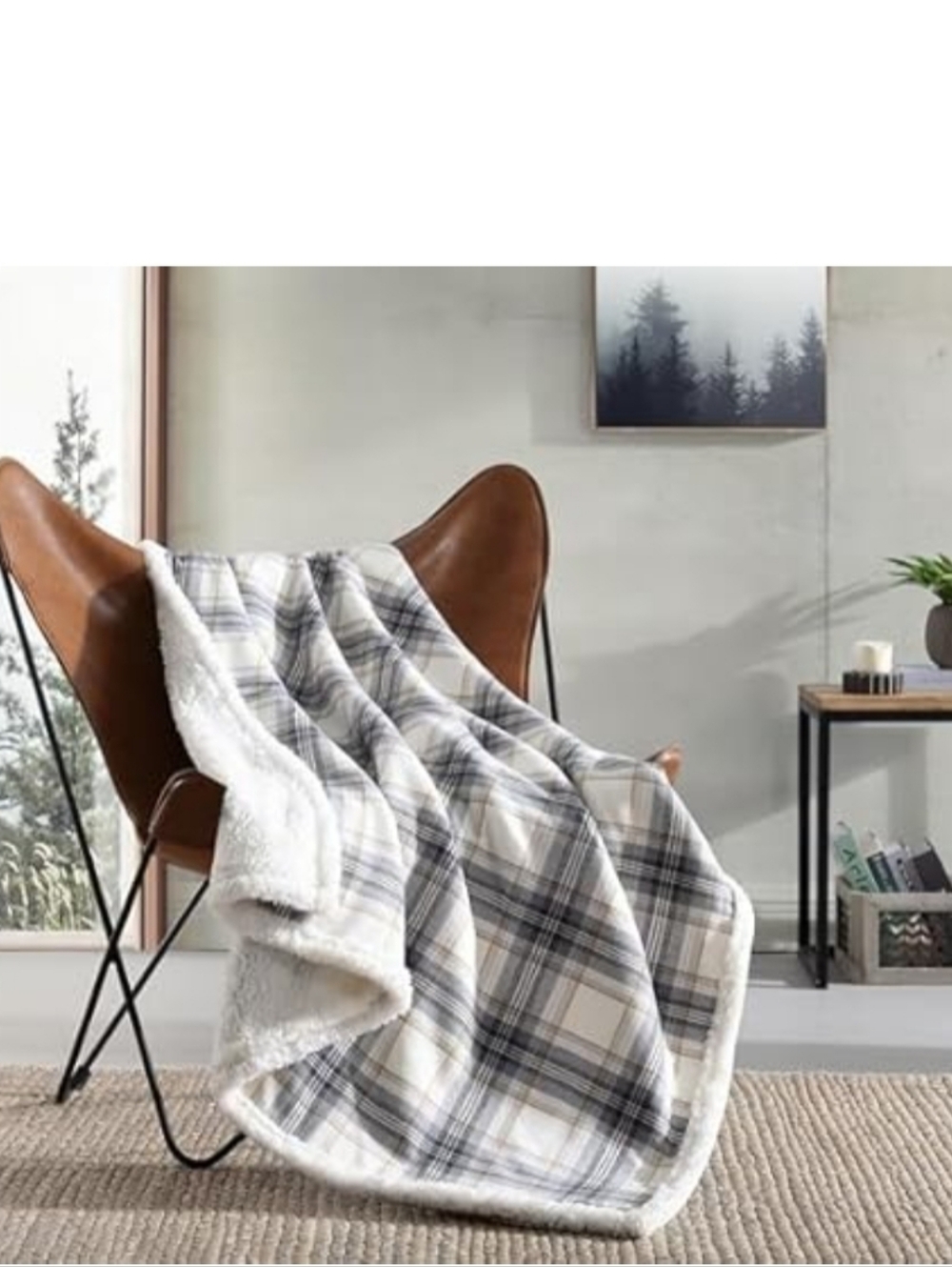 Eddie Bauer Plaid Sherpa Throw Blanket - Gray, White, Tan